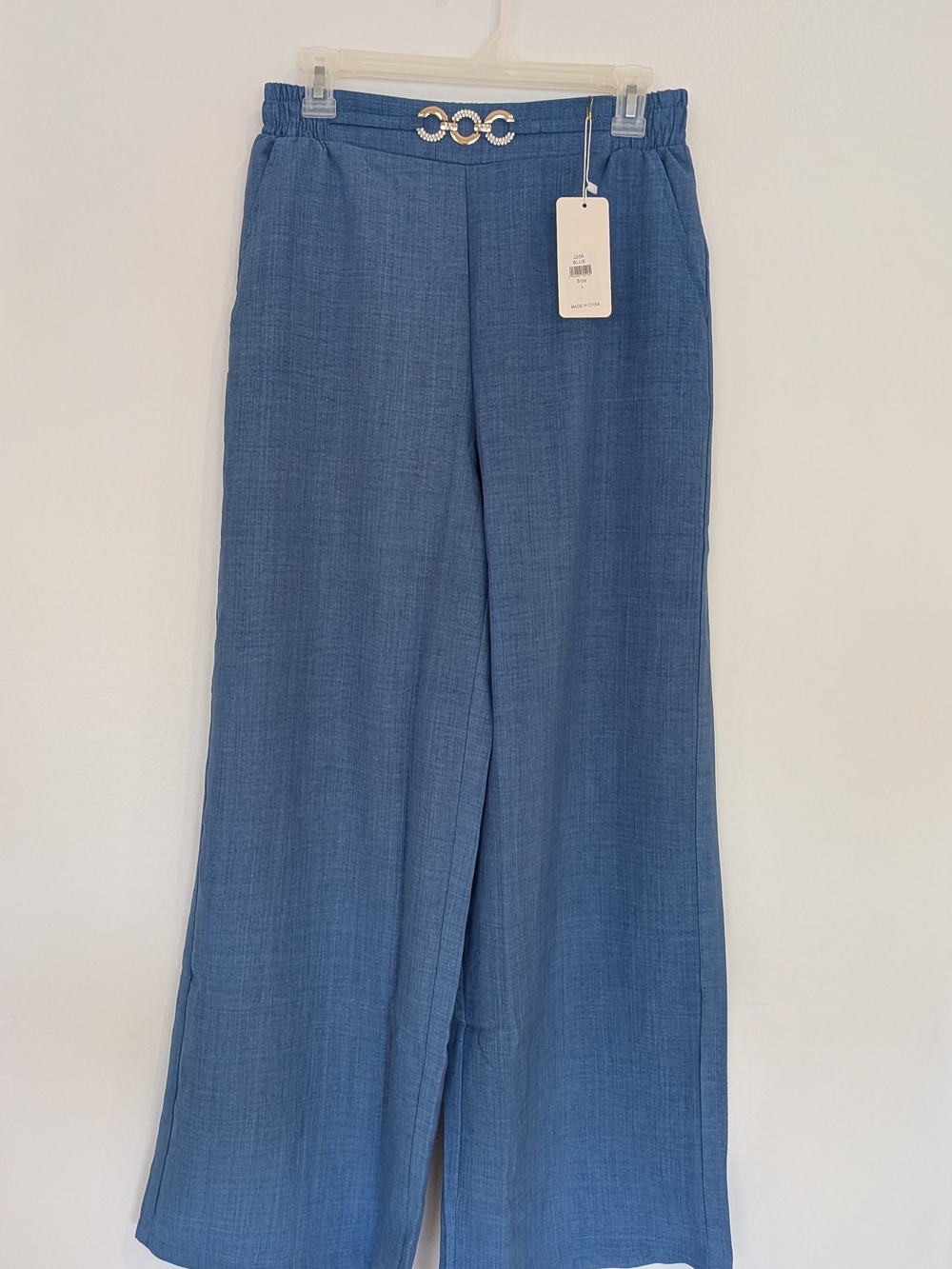Women’s Blue Wide Leg Palazzo Pants L Fits M Lightweight Gold Rhinestone NWT - Picture 3 of 14